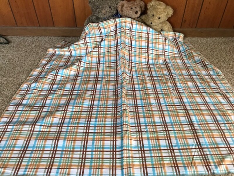 brown plaid flannel baby receiving blanket, white, blue, tan, soft, cozy, handmade